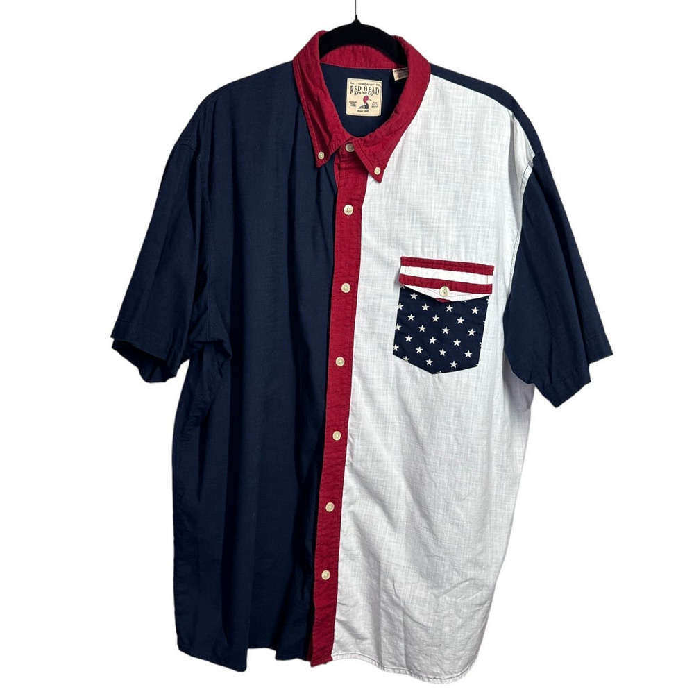 Red Head Brand Mens Patriotic 4th of July Cotton Woven Button Up Casual Shirt XL